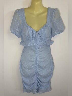 Cotton Candy LA Light Blue Swiss Dot Puff Sleeve Ruched Mini Dress